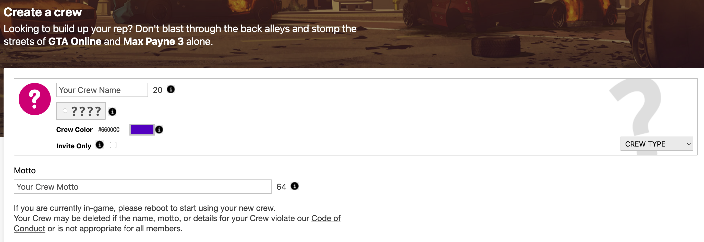 Social Club create a crew page with form fields.